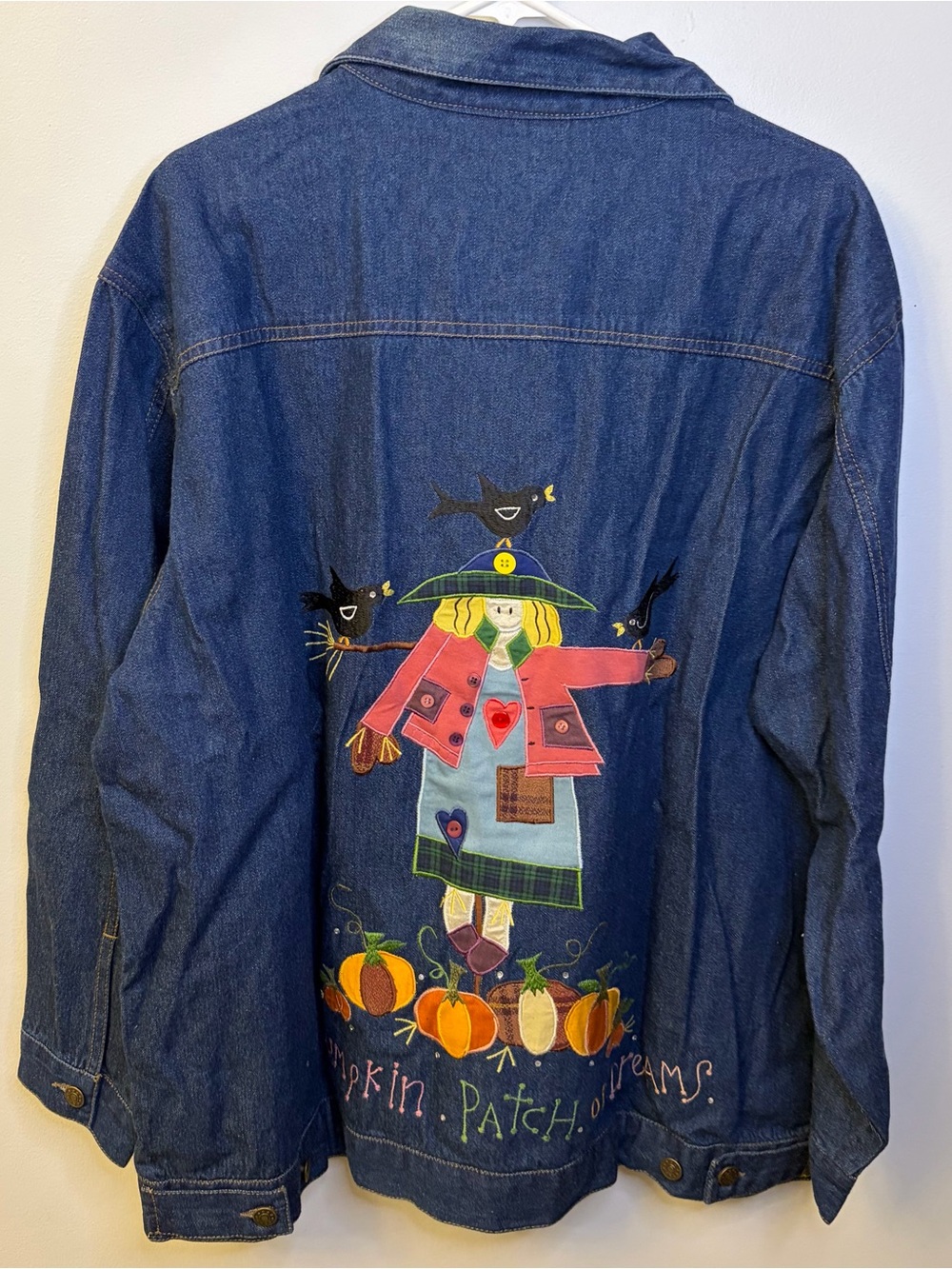 The Quacker Factory Denim Jacket Colorful Scarecrow Pumpkin Patch Dreams NWT